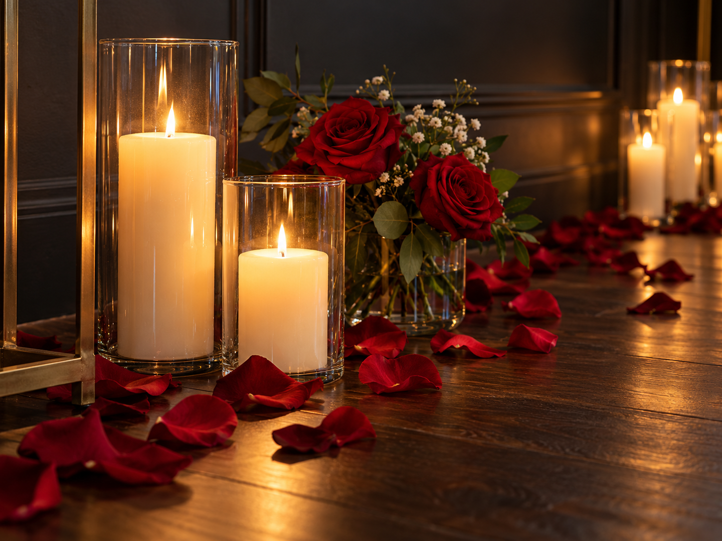 Candlelight, red roses and scattered petals in a styling concept